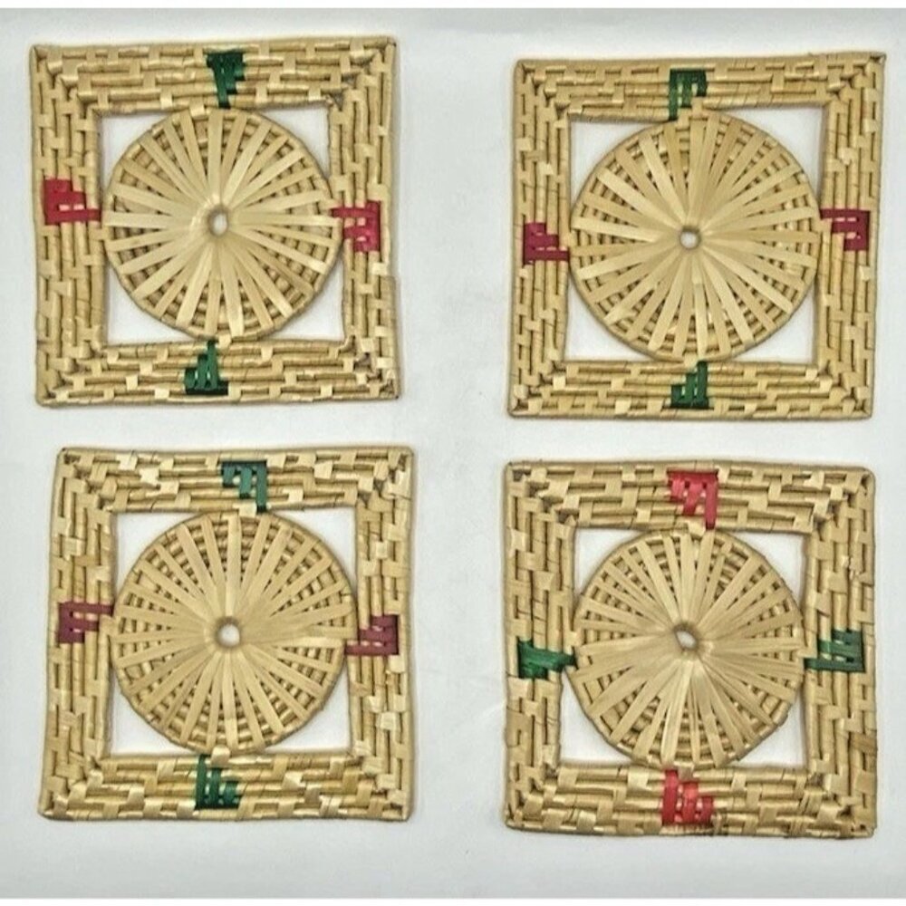 Vintage Hot Pad Trivets Set Of 4 Woven Wicker Straw Rattan Raffia Square 7” X 7”